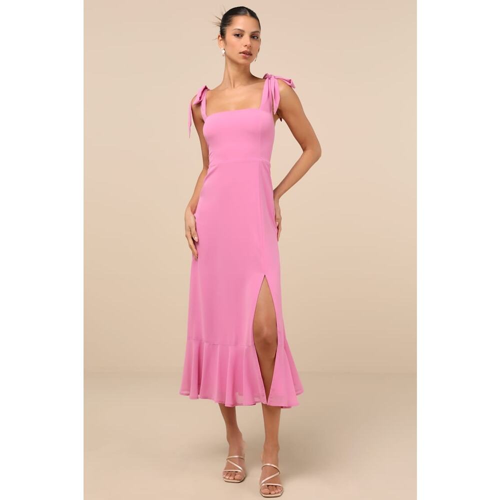 NWT Lulus Summer Invite Pink Tie-Strap Tiered Midi Dress Bridesmaid Gala Size XS - Picture 1 of 9